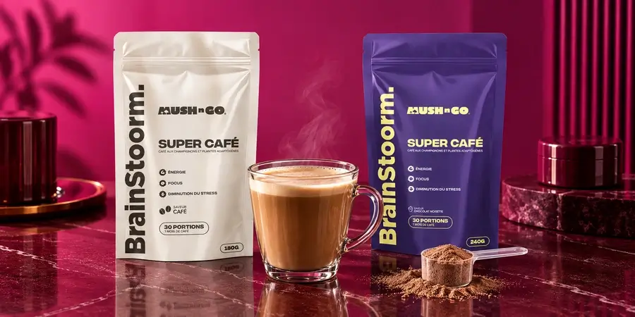 Bolsas de Brainstoorm Coffee y Brainstoorm Choco de Mush N Go junto a una taza humeante y una cuchara medidora con polvo