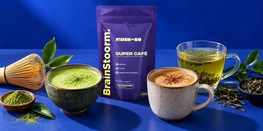 Tazas de matcha, té verde y café de hongos sobre una mesa, junto a la bolsa de Brainstoorm de Mush N Go y un batidor de bambú