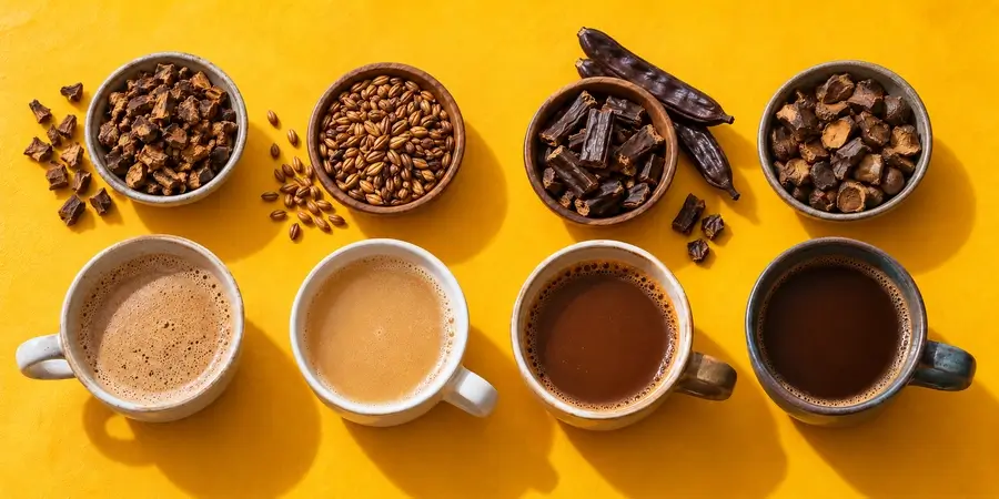 Cuatro tazas de bebidas sin cafeína con cuencos de achicoria, cebada, algarroba y bellota tostadas