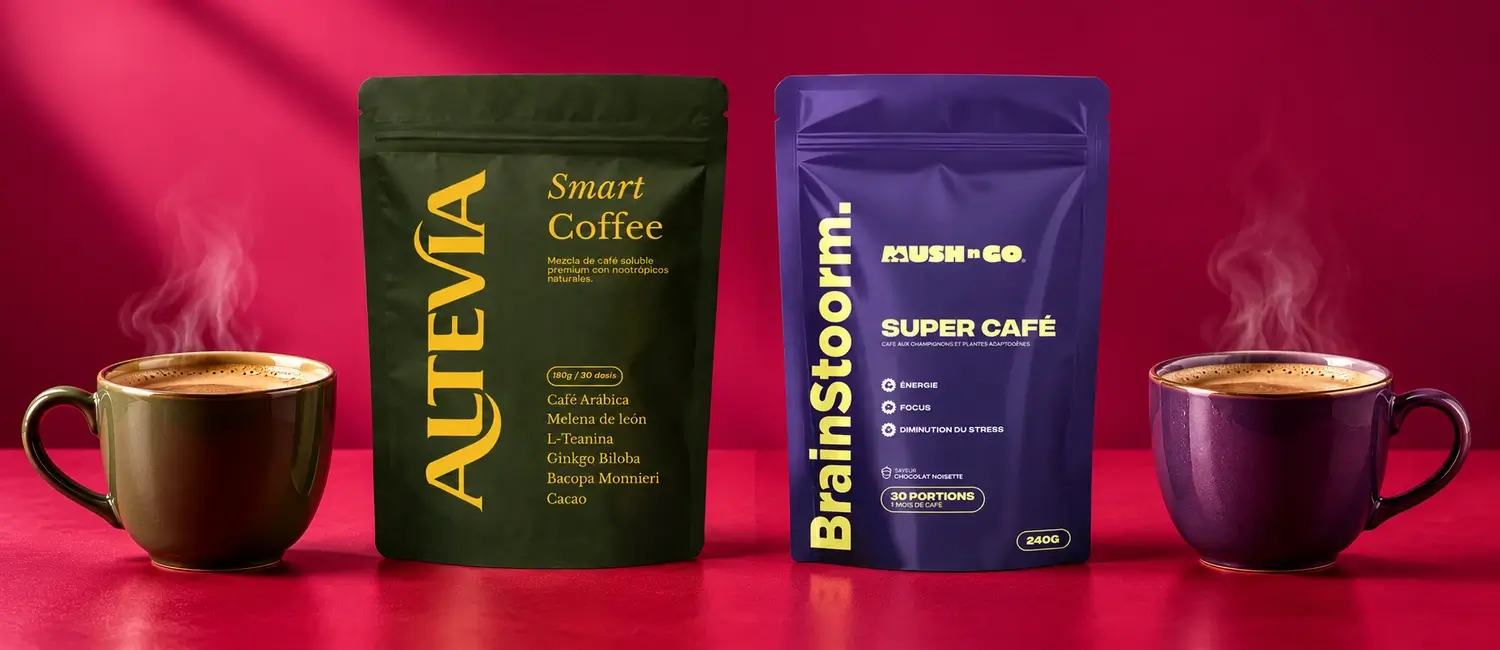 Bolsa de Altevia Smart Coffee junto a un paquete de Brainstoorm de Mush N Go y dos tazas de café
