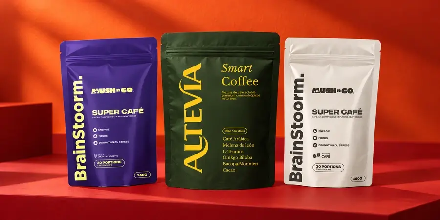Bolsa de Altevia Smart Coffee junto a los paquetes de Brainstoorm Choco y Brainstoorm Coffee de Mush N Go