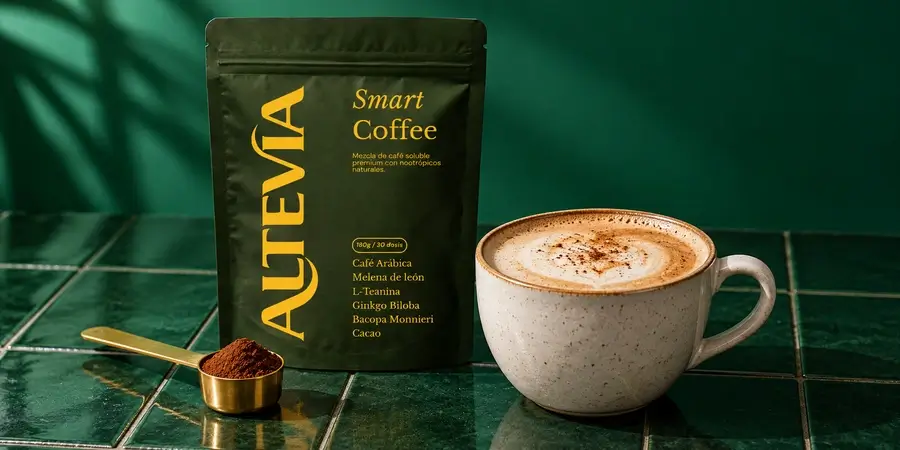 Bolsa de Altevia Smart Coffee con su cuchara dosificadora y una taza de café con leche espumada