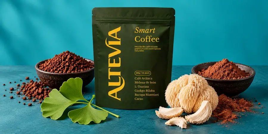 Bolsa de Altevia Smart Coffee rodeado de café soluble, cacao en polvo, hojas de ginkgo y una melena de león seca