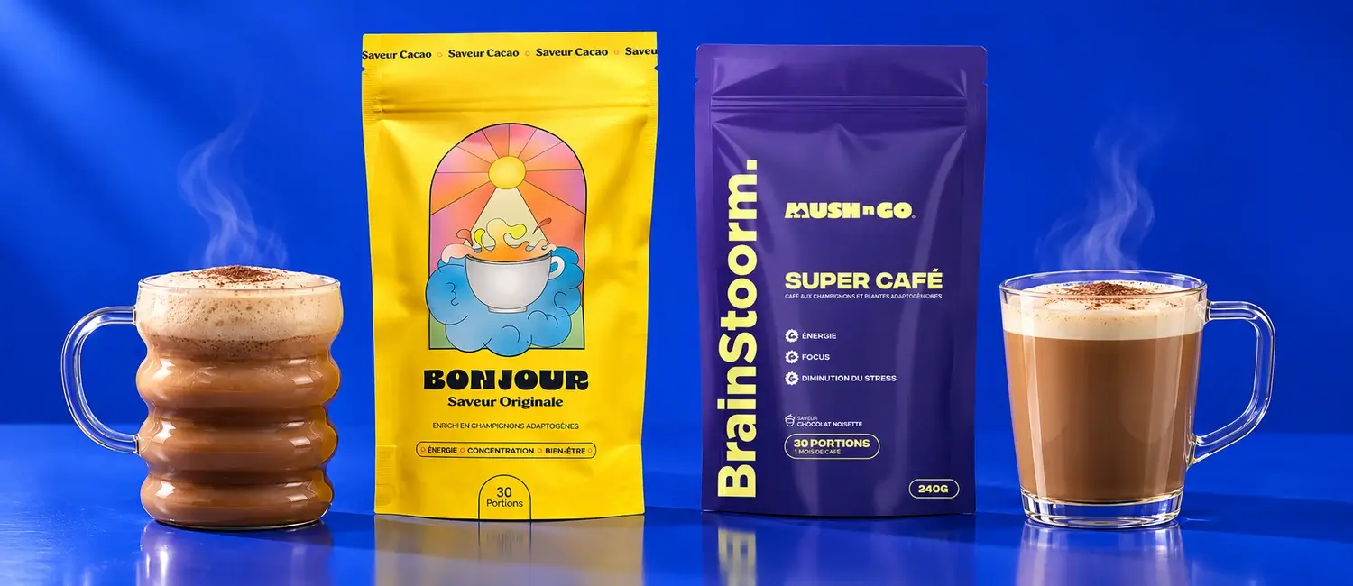 Bolsas de Bonjour Drink y de Brainstoorm de Mush N Go con dos tazas de bebida de hongos