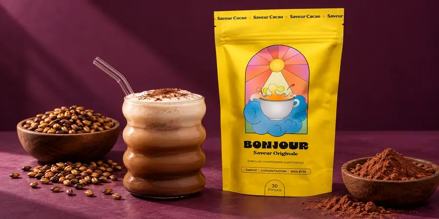 Bolsa de Bonjour Drink Original moca junto a una taza preparada con leche, granos de cebada tostada y cacao en polvo