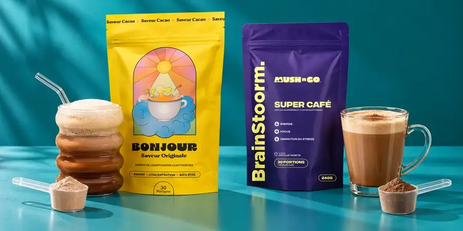 Bolsa de Bonjour Drink Original y bolsa de Brainstoorm Choco de Mush N Go, cada una con su taza y su cuchara medidora