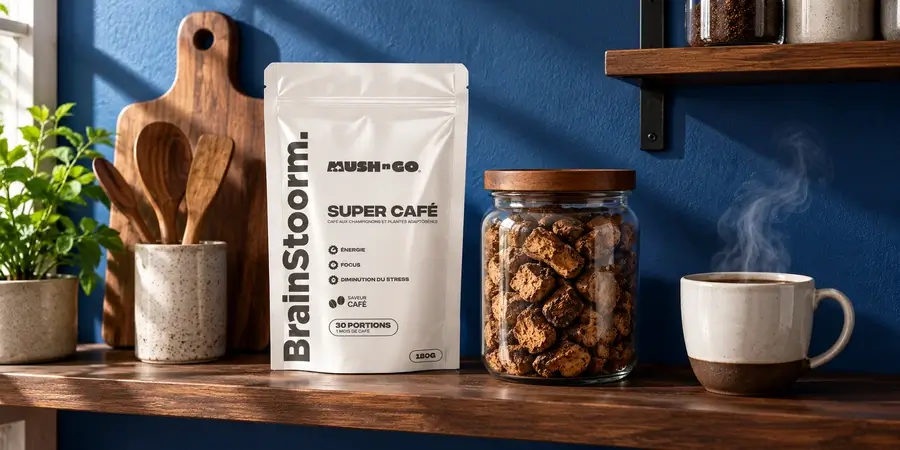 Bolsa de Brainstoorm Coffee de Mush N Go en una estantería de cocina junto a un tarro de vidrio con raíz de achicoria tostada y una taza humeante