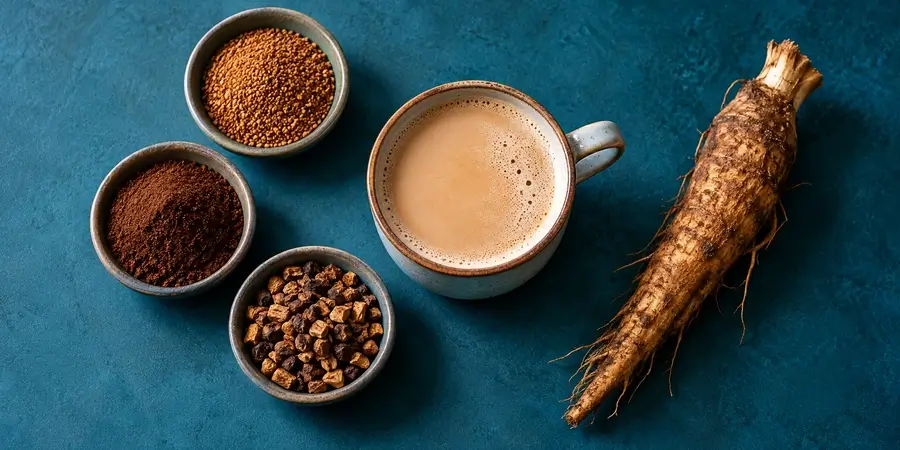 Taza de achicoria con leche, una raíz de achicoria tostada y tres cuencos con achicoria soluble, molida y en grano