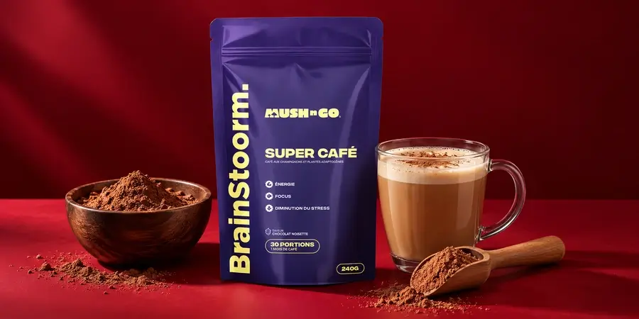 Bolsa de Brainstoorm Choco de Mush N Go junto a una taza, una cuchara medidora con polvo y un cuenco de cacao