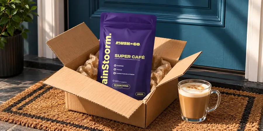 Bolsa de Brainstoorm de Mush N Go saliendo de una caja de envío abierta sobre el felpudo de una casa, con una taza al lado