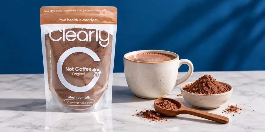 Bolsa transparente de Clearly Not Coffee Original con su cuchara, una taza de bebida de cacao y polvo de cacao sobre una mesa clara