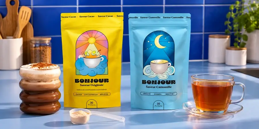 Bolsas de Bonjour Drink Original y Manzanilla en una encimera de cocina junto a una taza y una cuchara medidora