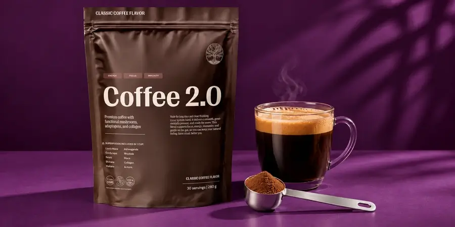 Bolsa de Coffee 2.0 Café Clásico de Tasty Dose junto a una taza de café con espuma y una cuchara dosificadora