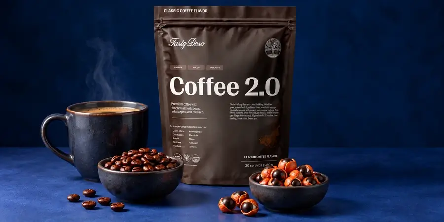 Bolsa de Coffee 2.0 de Tasty Dose junto a una taza y dos cuencos con granos de café robusta y semillas de guaraná