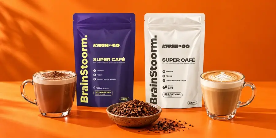 Paquetes de Brainstoorm Choco y Brainstoorm Coffee de Mush N Go con dos tazas y un cuenco de achicoria tostada