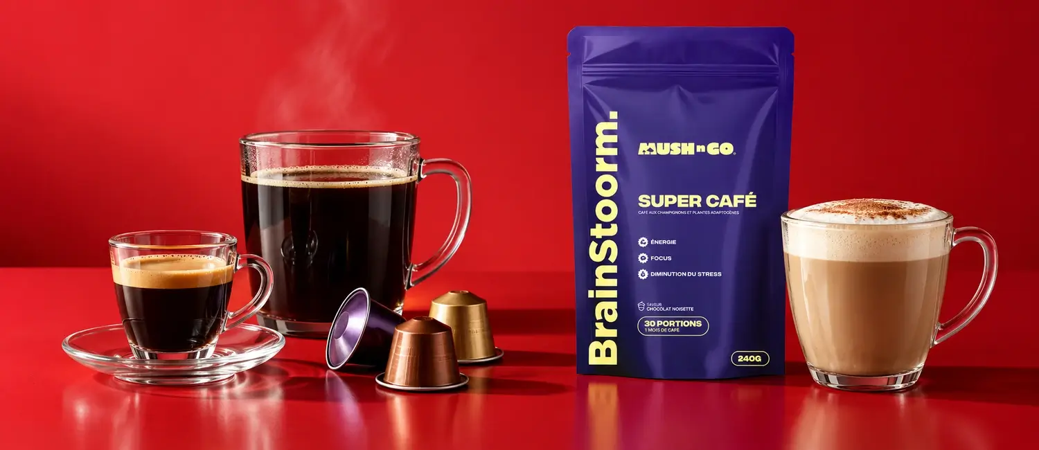 Taza de expreso, taza de café de filtro, cápsulas de café y bolsa de Brainstoorm de Mush N Go con su taza