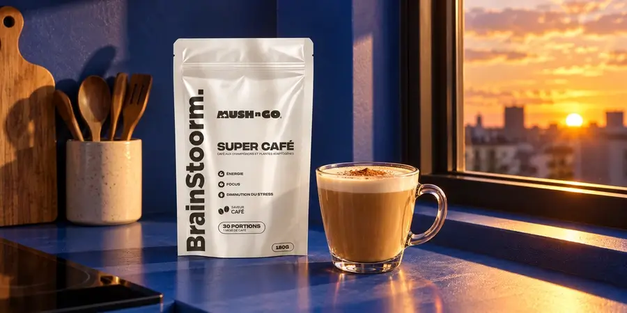 Taza de café con leche junto a una ventana al atardecer, con una bolsa de Brainstoorm Coffee de Mush N Go al lado