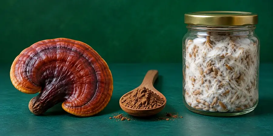 Reishi entero, cucharada de polvo de extracto y frasco de micelio blanco cultivado sobre granos de avena