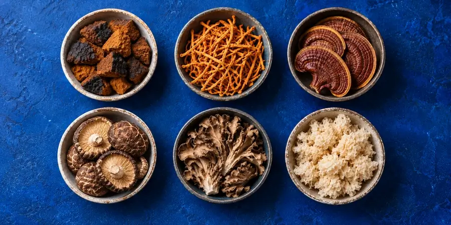 Chaga, cordyceps, reishi, shiitake, maitake y tremella secos en seis cuencos de cerámica