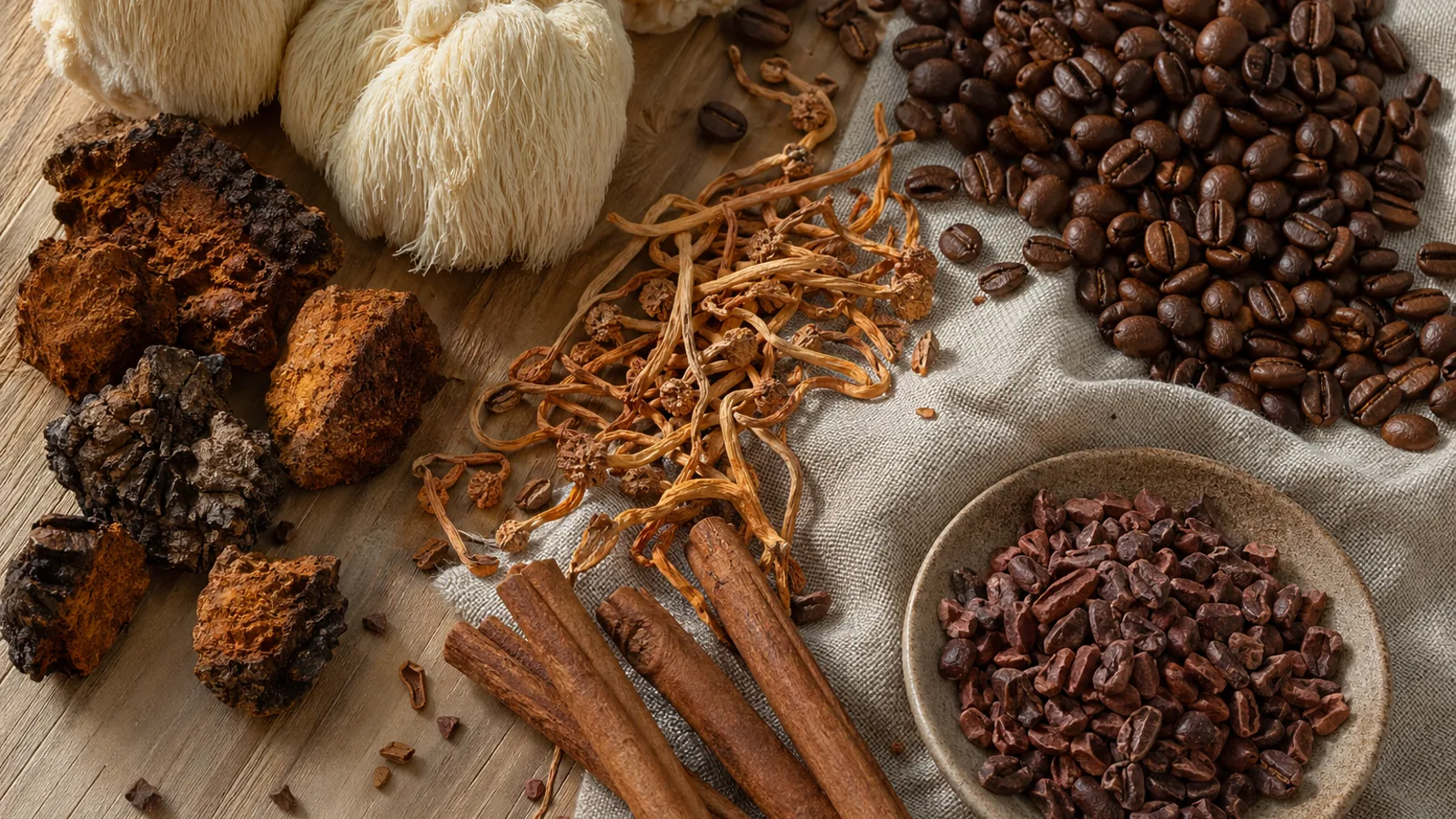 Ingredientes naturales y hongos funcionales para una bebida caliente