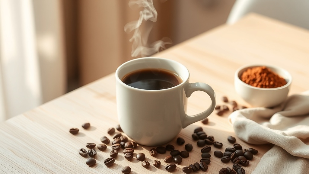 Taza de café humeante sobre una mesa de madera clara