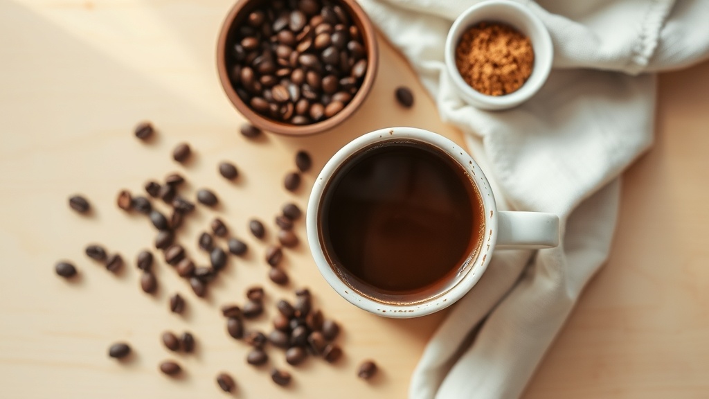 Vista superior de una preparación de café y sus ingredientes